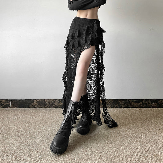 Women's Unique Design Black Lace Wavy Pleated Skirt