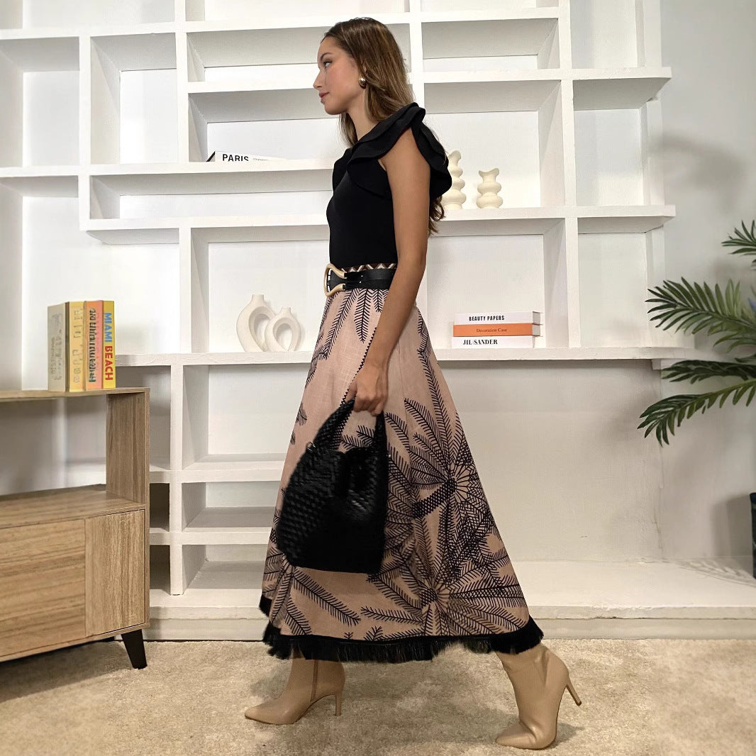 Polyester Printed Floral Tassel Skirt