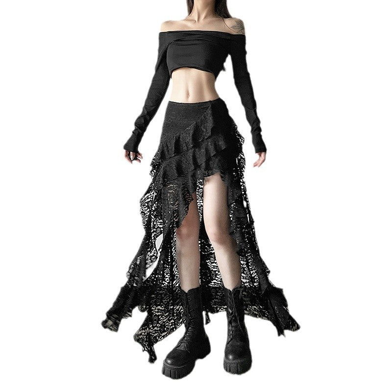 Women's Unique Design Black Lace Wavy Pleated Skirt