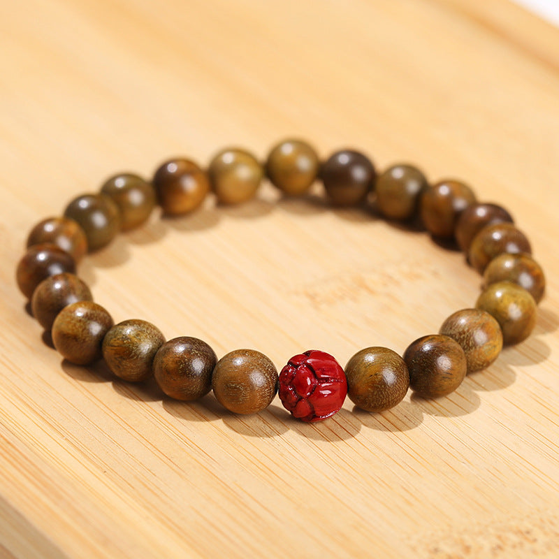 Green Sandalwood Cinnabar Lotus Bracelet Wooden Prayer Beads Bracelet Ornament