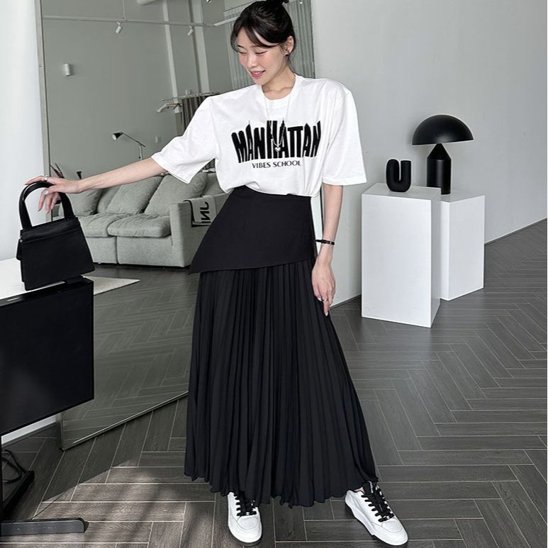 Pleated Contrast Color High Waist Women's All-match Dress