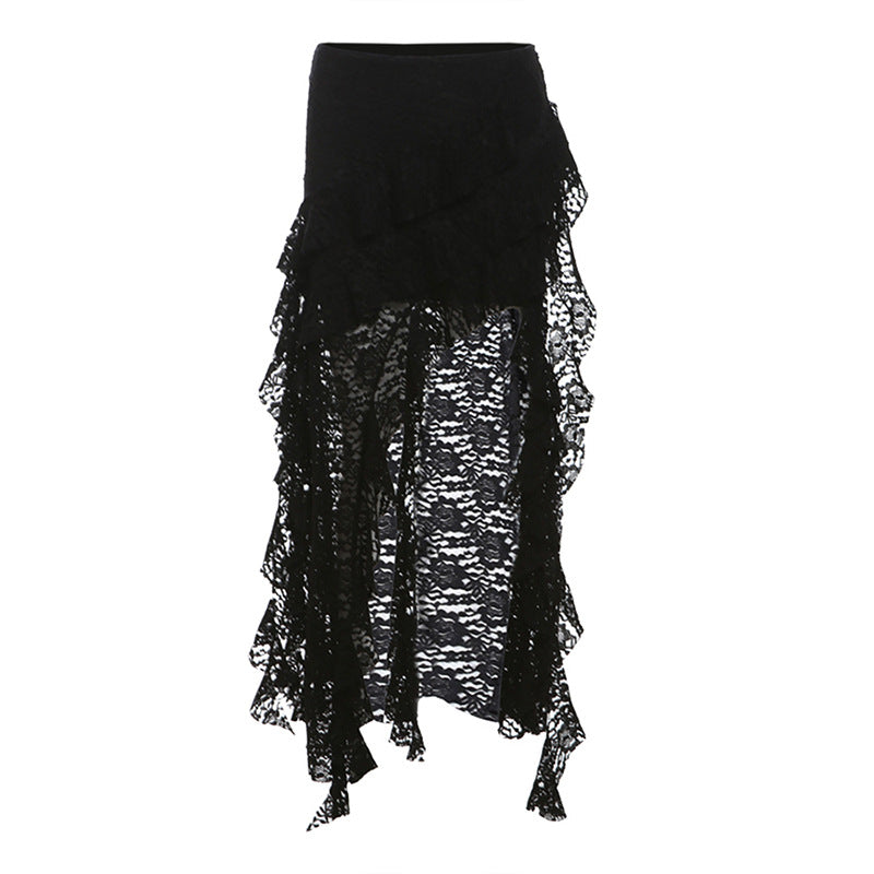 Women's Unique Design Black Lace Wavy Pleated Skirt