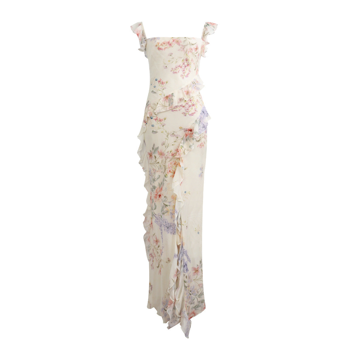 French Ruffled Square Collar Floral Backless Sling Dress