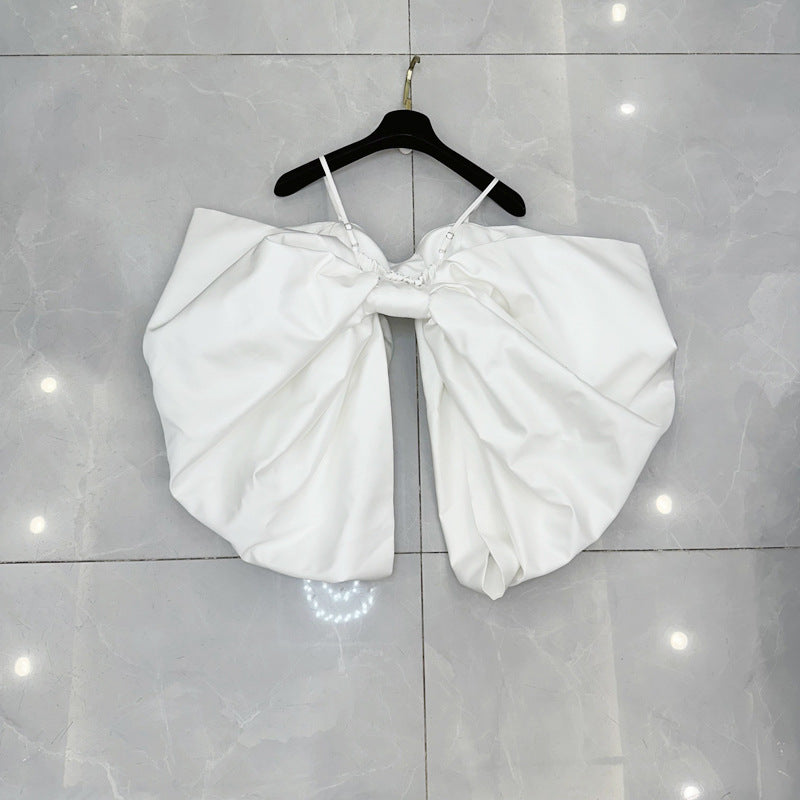 Spaghetti Strap Off-shoulder Bubble Long Sleeve Big Bow Top