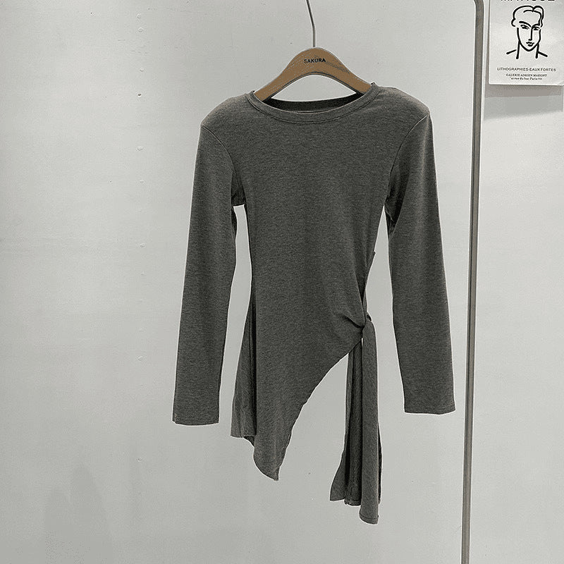 Irregular Slit Waist-tight Strap Long-sleeved T-shirt Women