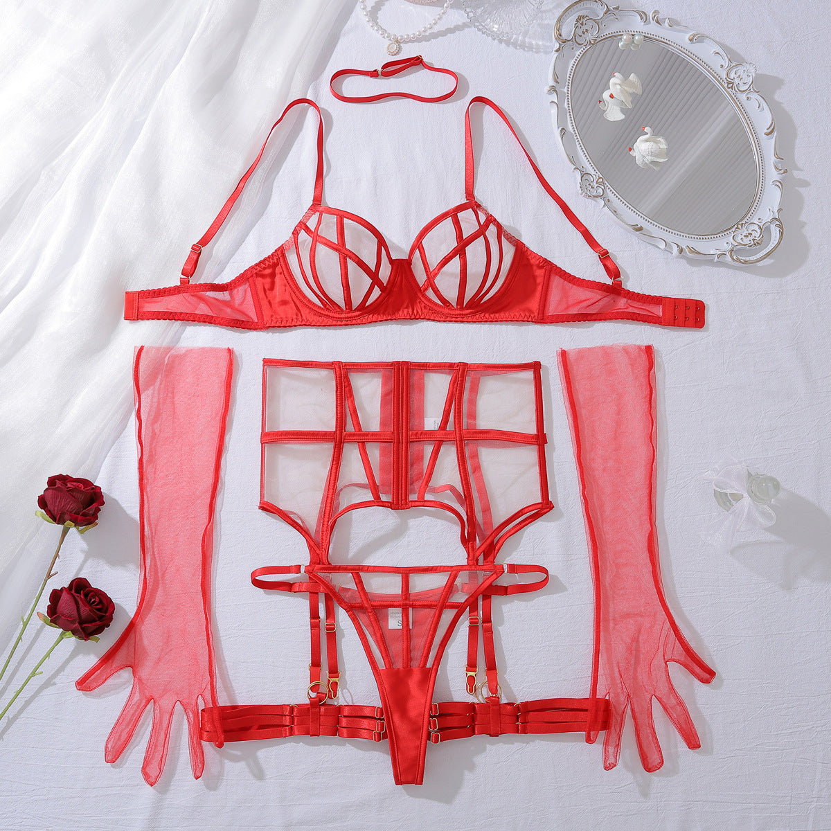Summer Transparent Mesh Body Shaping Split Adjustment Type Sexy Lingerie Set