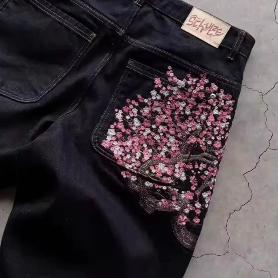 Women's Fashion Embroidery Pattern High Waist Jeans