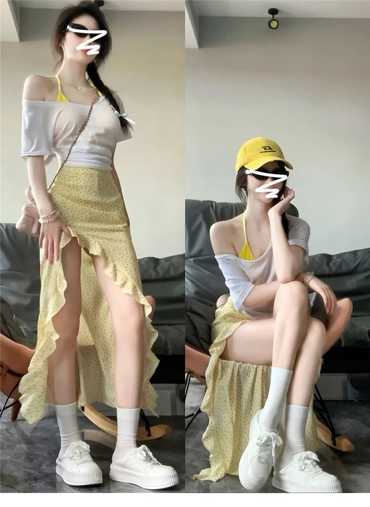 Yellow Floral Skirt Women's Summer