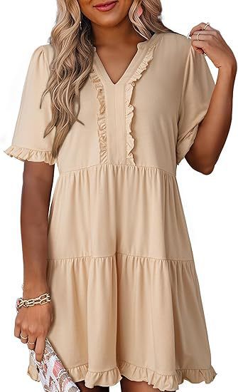 Ruffled Dress Short-sleeved V-neck Layered Large Swing Skirt For Women