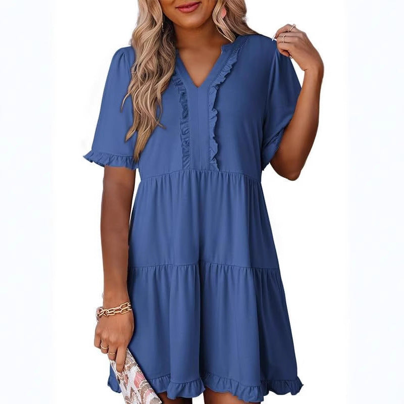 Ruffled Dress Short-sleeved V-neck Layered Large Swing Skirt For Women