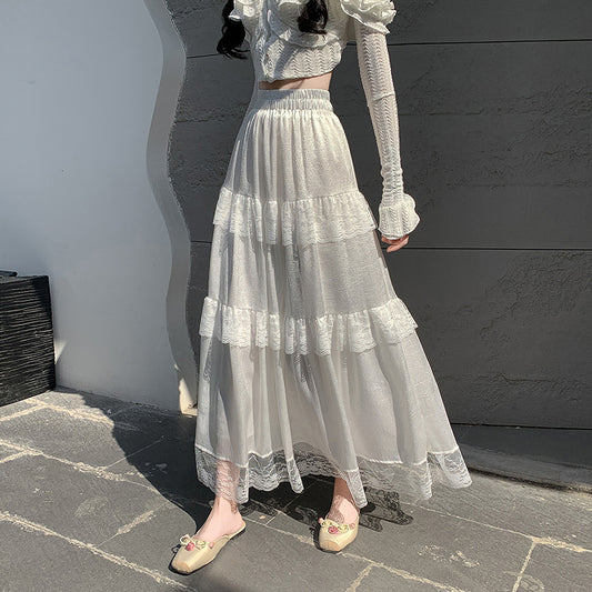 French Style Gentle Ruffled Lace Stitching Tiered Skirt