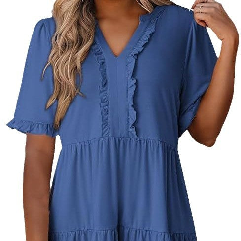 Ruffled Dress Short-sleeved V-neck Layered Large Swing Skirt For Women