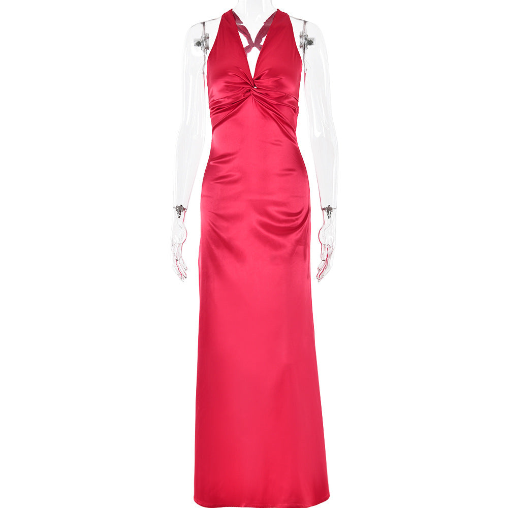 Fashion Sexy V-neck Lace Up Backless Maxi Dress Slim Fit Satin Dress