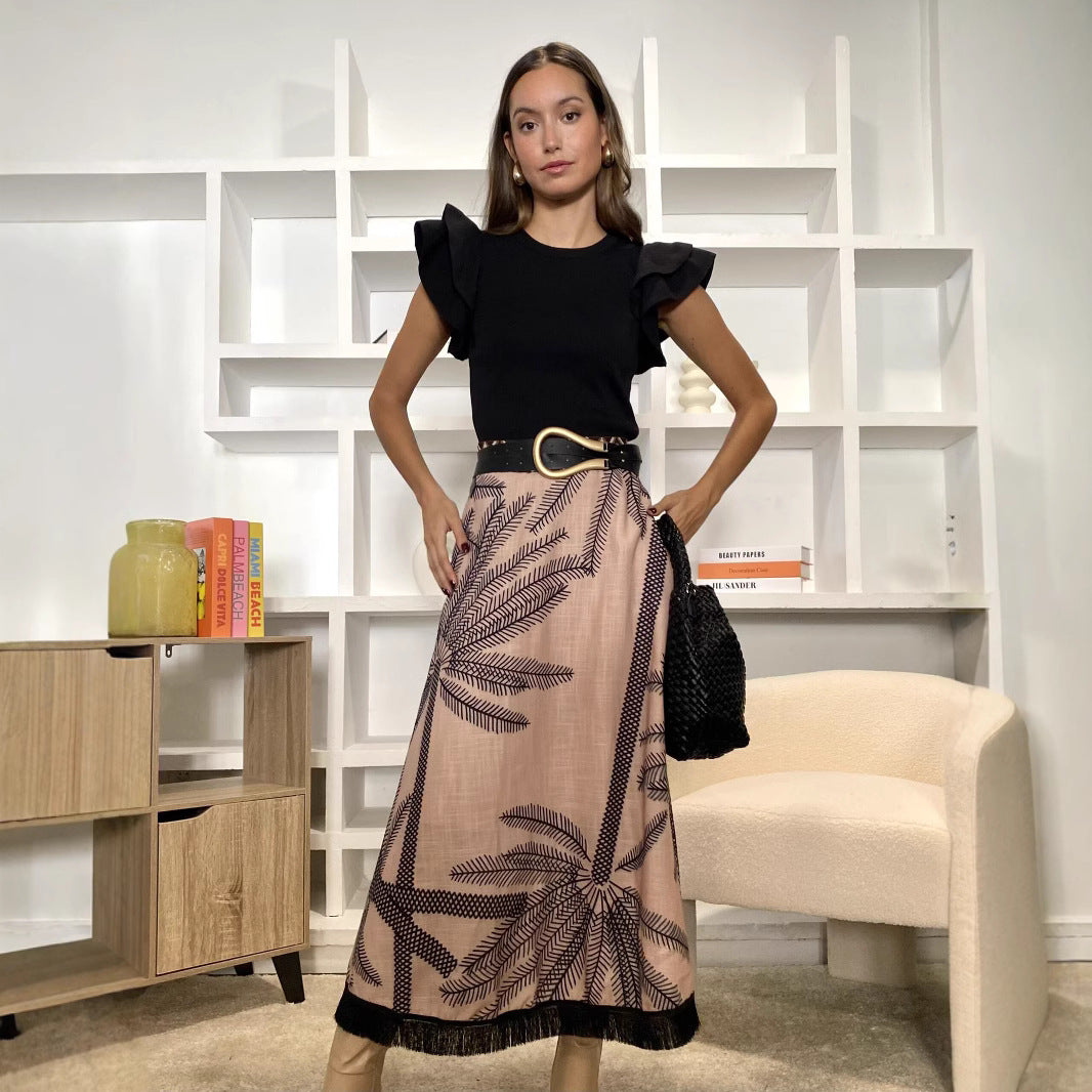 Polyester Printed Floral Tassel Skirt