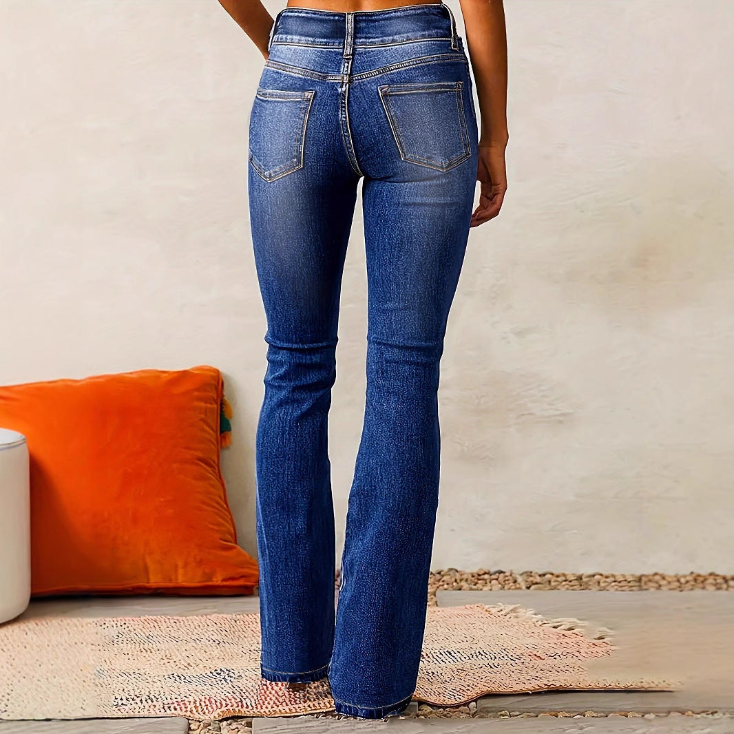 Skinny Flared Jeans With Pockets Fashion Button Zipper Trousers Women's Slim Denim Pants