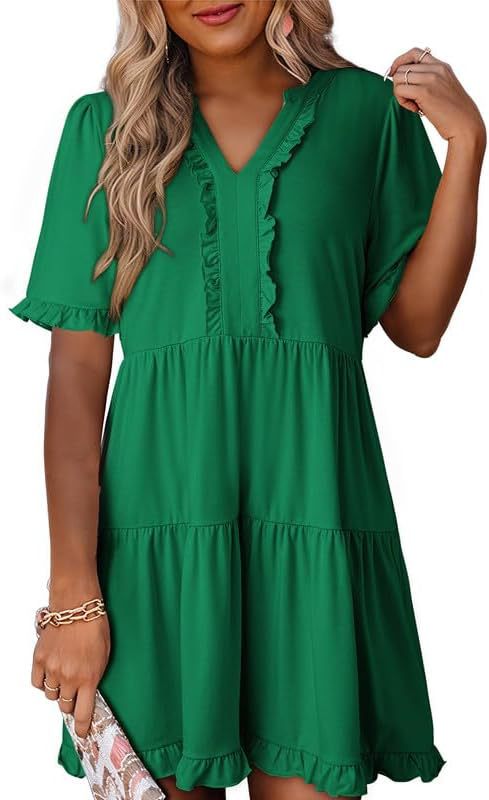 Ruffled Dress Short-sleeved V-neck Layered Large Swing Skirt For Women