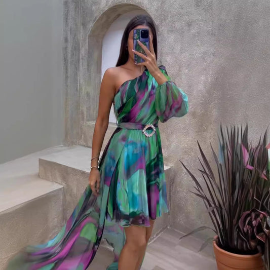 Women's Fashion Personalized Printing Sloping Shoulder Dress
