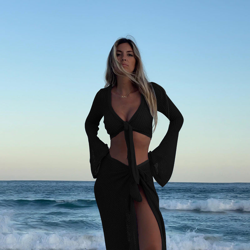 Coat European And American Beach Seaside Sexy Lace-up Skirt Suit