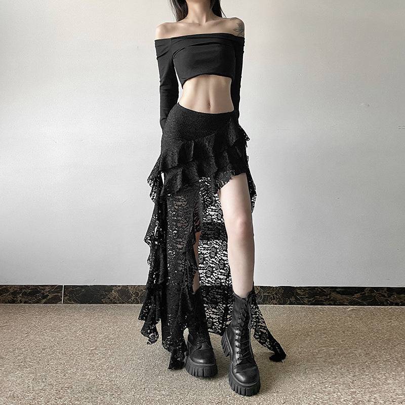 Women's Unique Design Black Lace Wavy Pleated Skirt