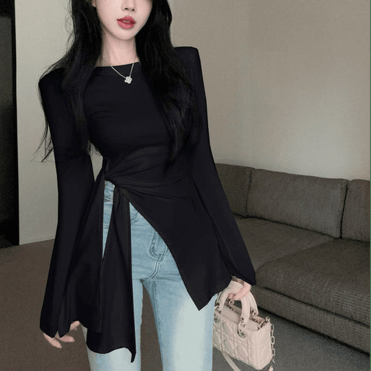 Irregular Slit Waist-tight Strap Long-sleeved T-shirt Women