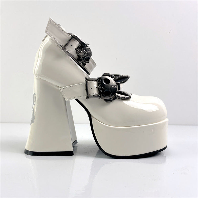 Light Luxury High Heels Women's Nude White Chunky Heel Mary Jane Shoes