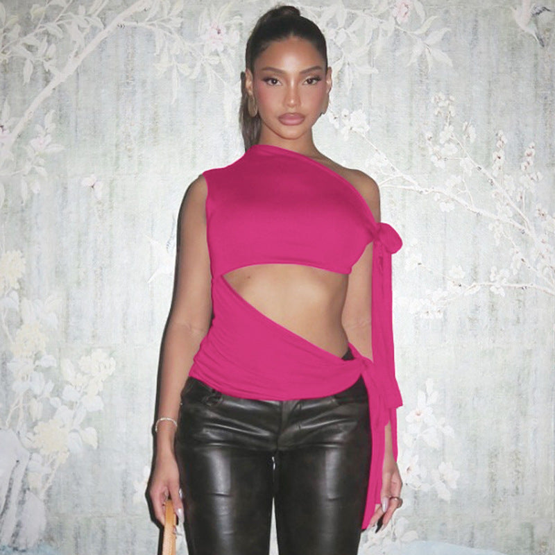 Personalized Retro Ribbon Shoulder Sleeveless Sexy Solid Color Slim Vest