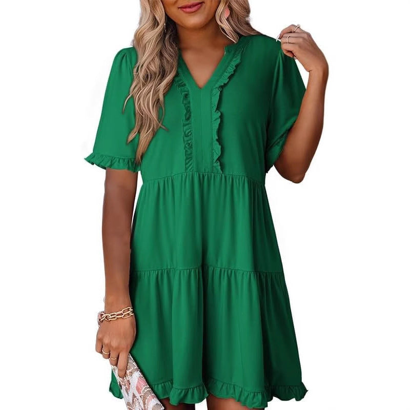 Ruffled Dress Short-sleeved V-neck Layered Large Swing Skirt For Women