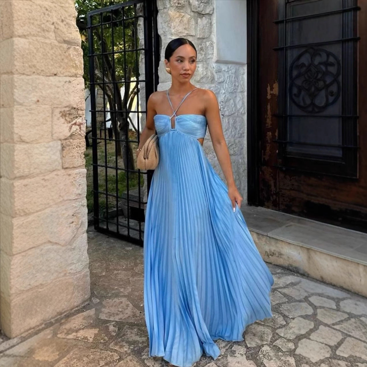 Pure Color Tube-top Pleated Sleeveless Sling Dress