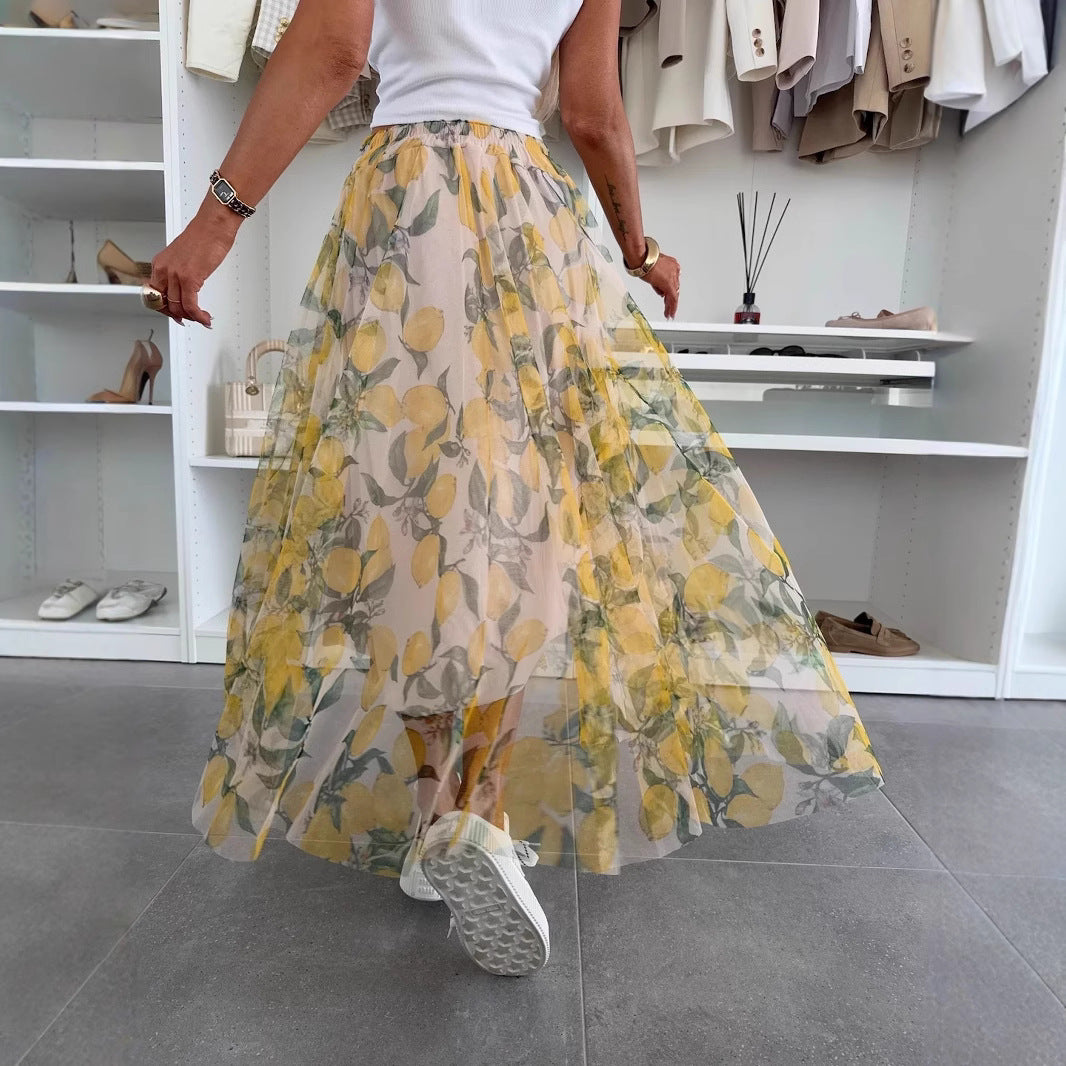 Summer New Mesh Lemon Printing Elastic Waist Large Swing Casual Skirt Women