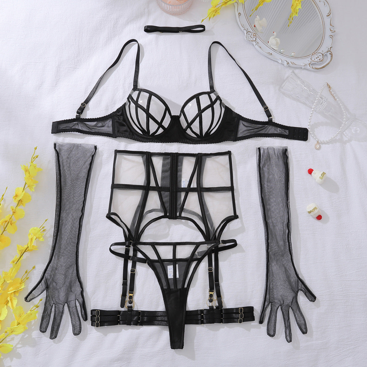 Summer Transparent Mesh Body Shaping Split Adjustment Type Sexy Lingerie Set