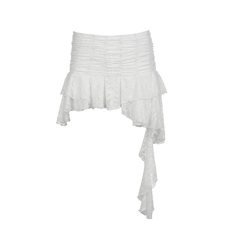 Irregular Hem Design Wavy Lace Stitching Solid Color Skirt