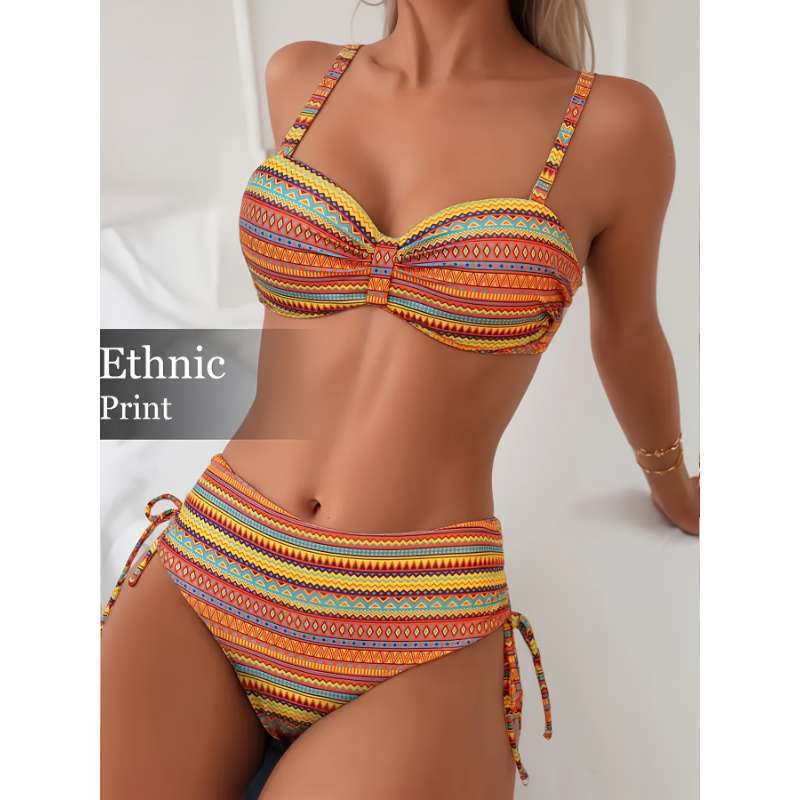 Printed Split Strap Bikini High Waist European And American