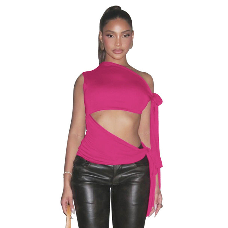 Personalized Retro Ribbon Shoulder Sleeveless Sexy Solid Color Slim Vest