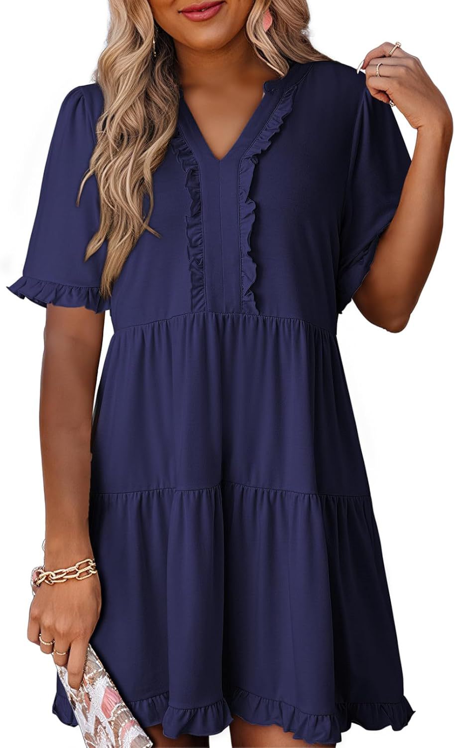 Ruffled Dress Short-sleeved V-neck Layered Large Swing Skirt For Women