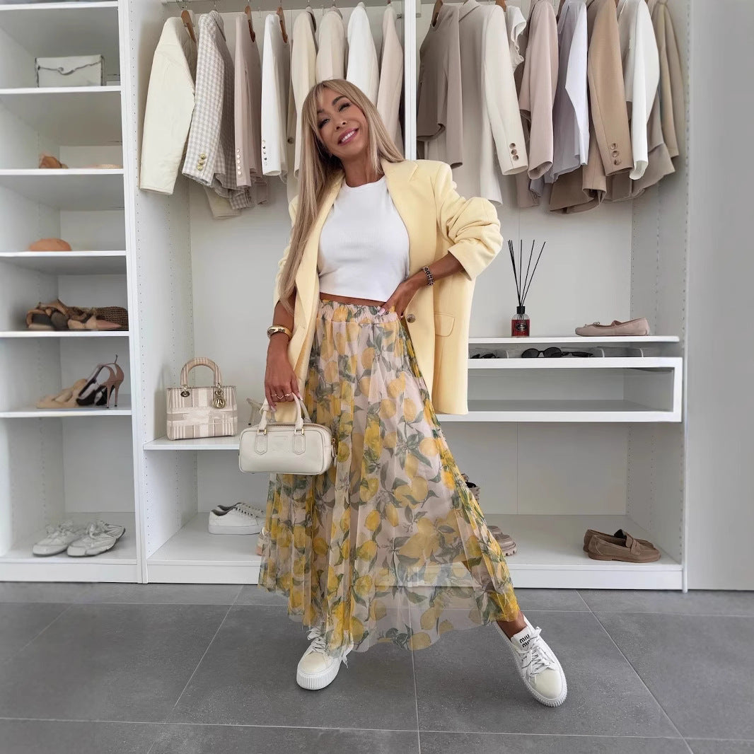 Summer New Mesh Lemon Printing Elastic Waist Large Swing Casual Skirt Women