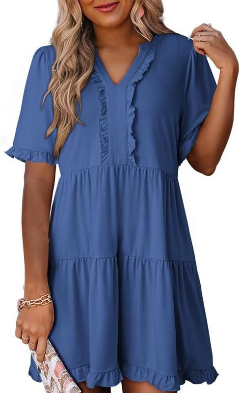 Ruffled Dress Short-sleeved V-neck Layered Large Swing Skirt For Women