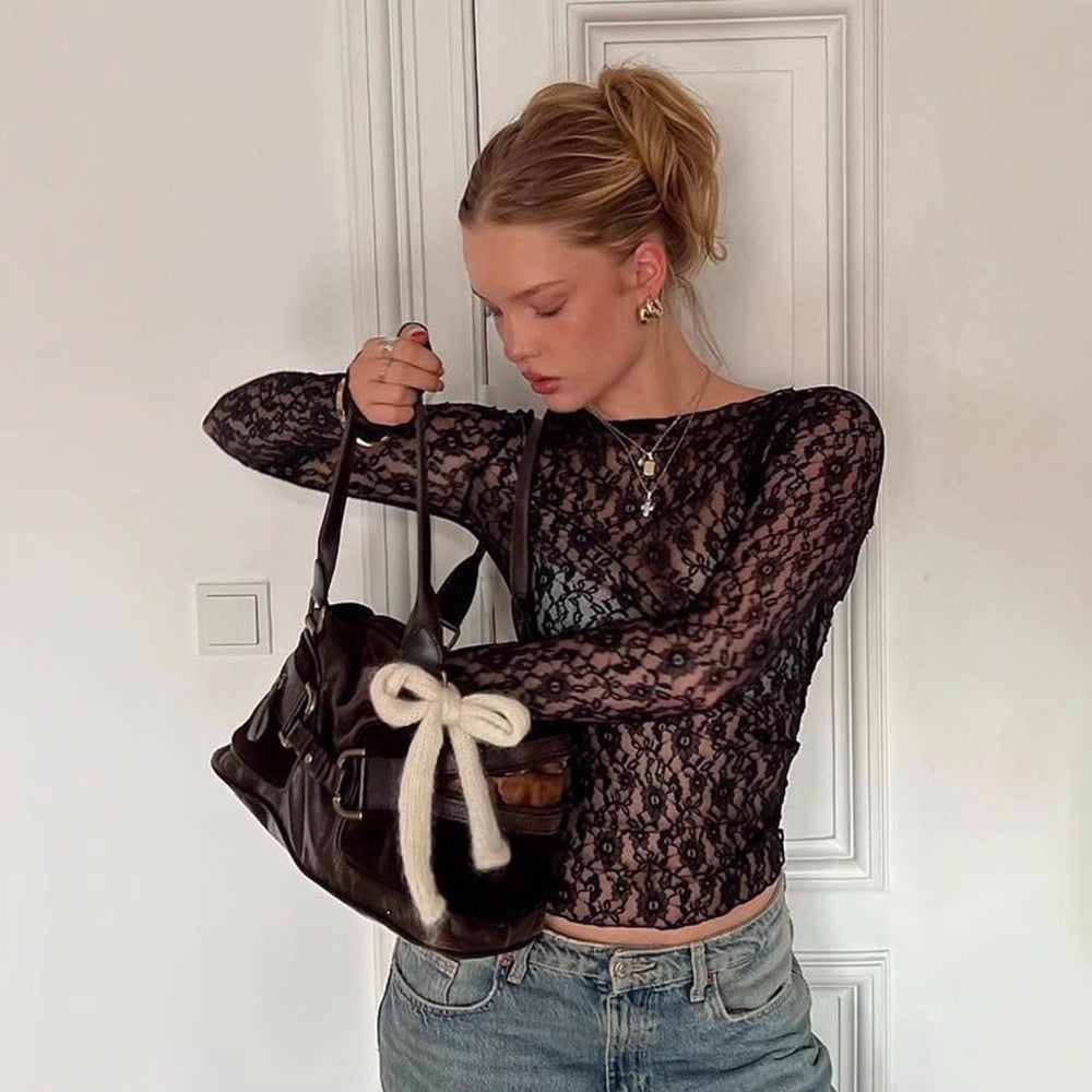 New Sexy Style Lace Short Top For Long-sleeve T-shirt Women