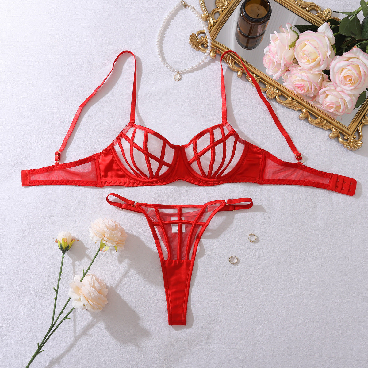 Summer Transparent Mesh Body Shaping Split Adjustment Type Sexy Lingerie Set