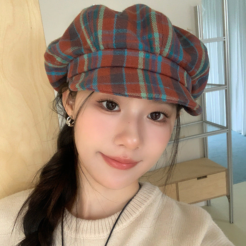 Retro Colored Plaid Clouds Beret Women