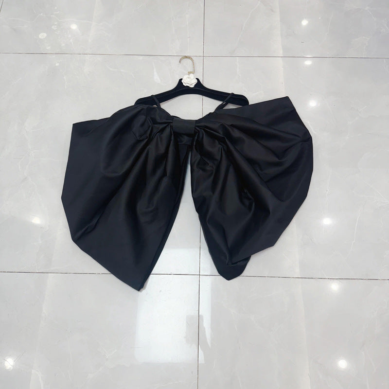 Spaghetti Strap Off-shoulder Bubble Long Sleeve Big Bow Top