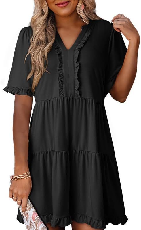 Ruffled Dress Short-sleeved V-neck Layered Large Swing Skirt For Women