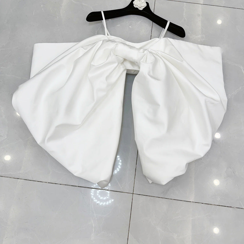 Spaghetti Strap Off-shoulder Bubble Long Sleeve Big Bow Top