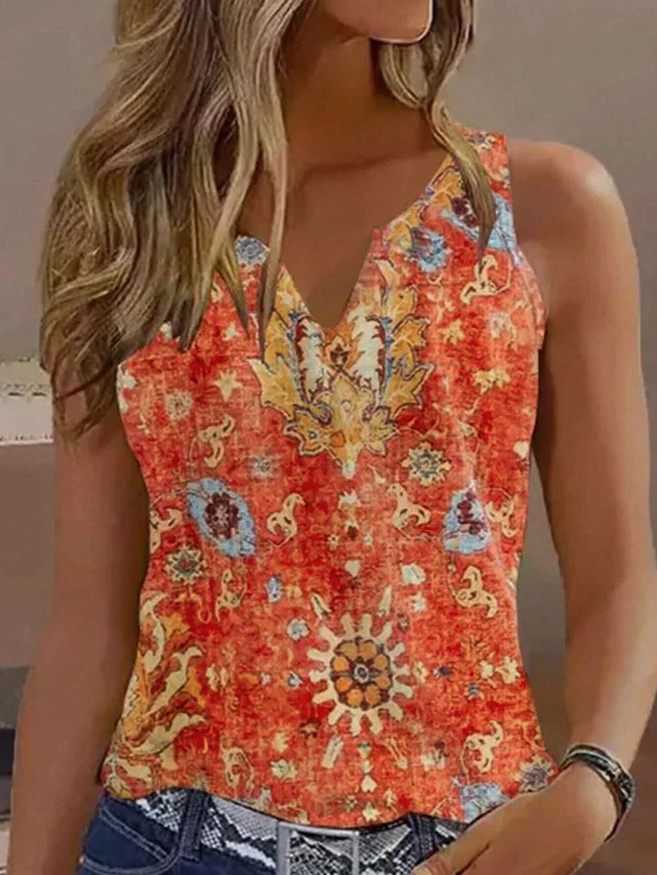 V-neck Buttons Sleeveless 3D Digital Casual Loose Vest