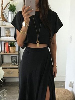 Black Casual Loose Cropped Top And Split Half-length Skirt Fashionable Two-piece Summer Suit
