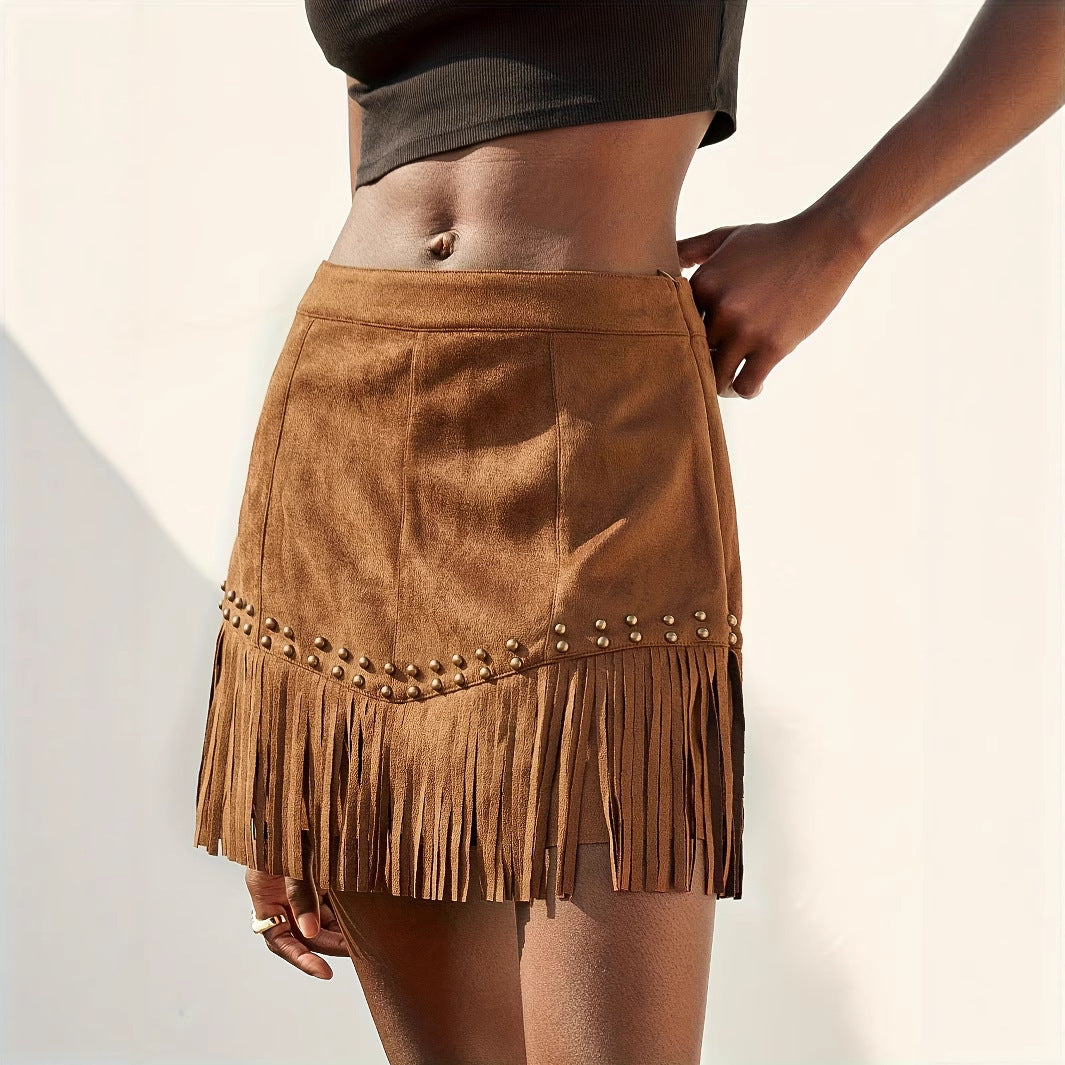 Elegant Vacation Style Women's Suede Fringe Rivet Design Short Skirt