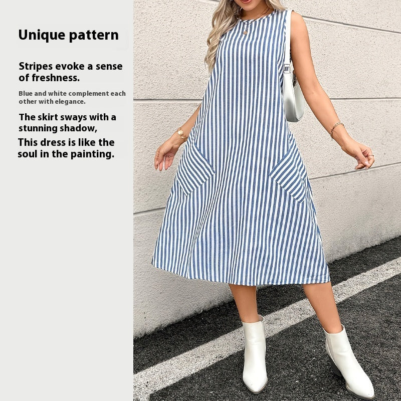 Round Neck Pocket Striped Dress Women