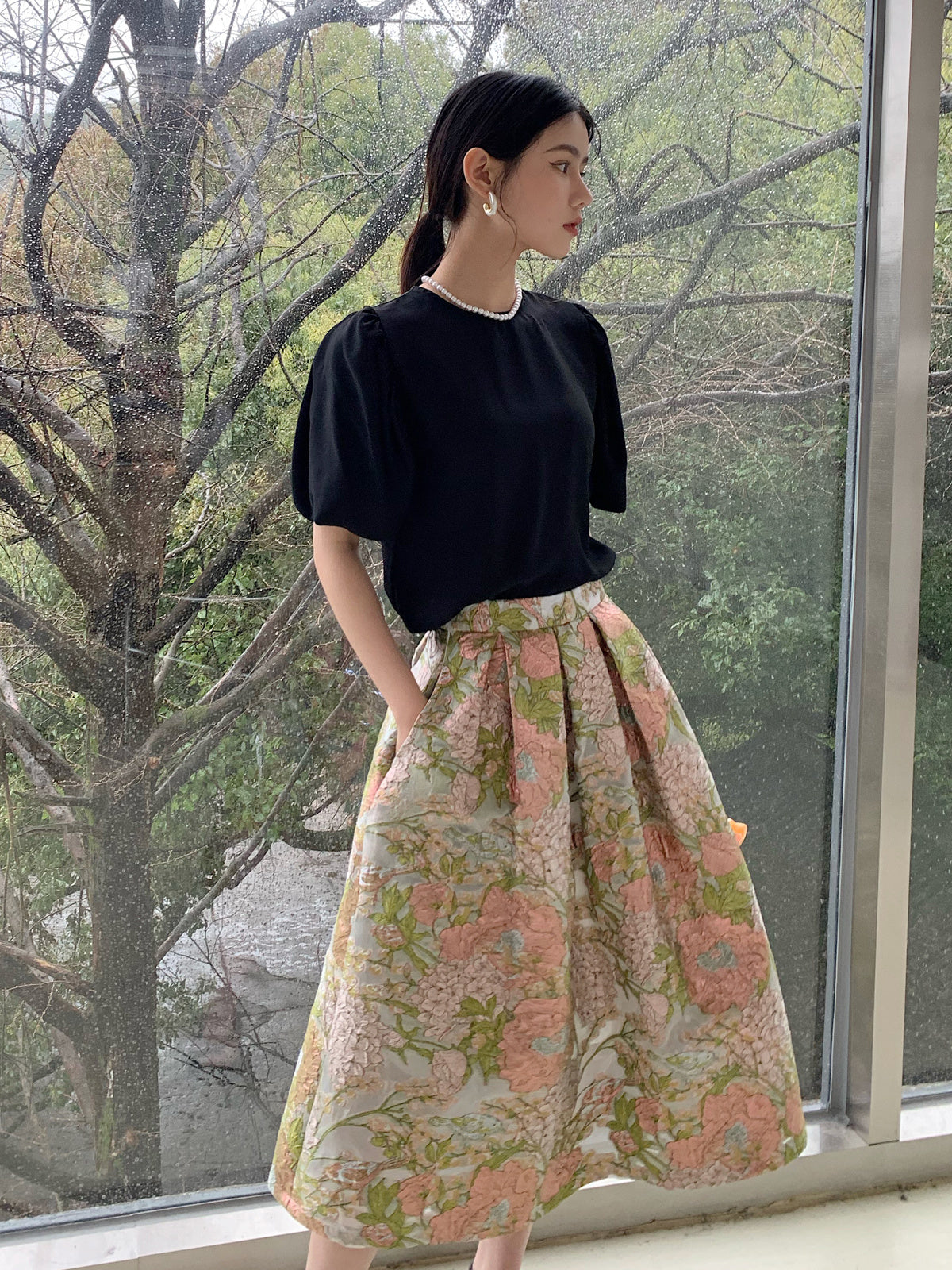 Organza Pettiskirt Embroidered High Waist Midi Skirt