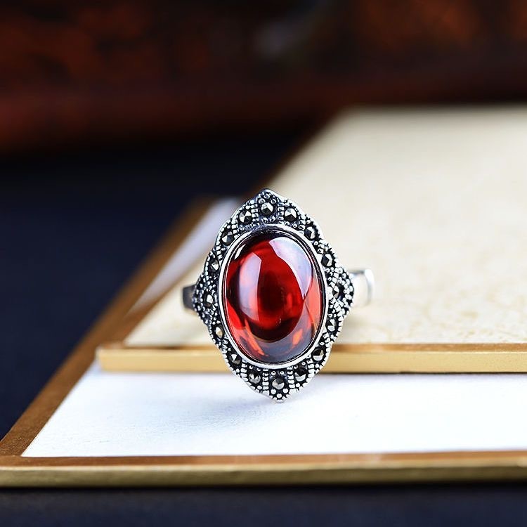 925 Silver Ring Red Jade Retro