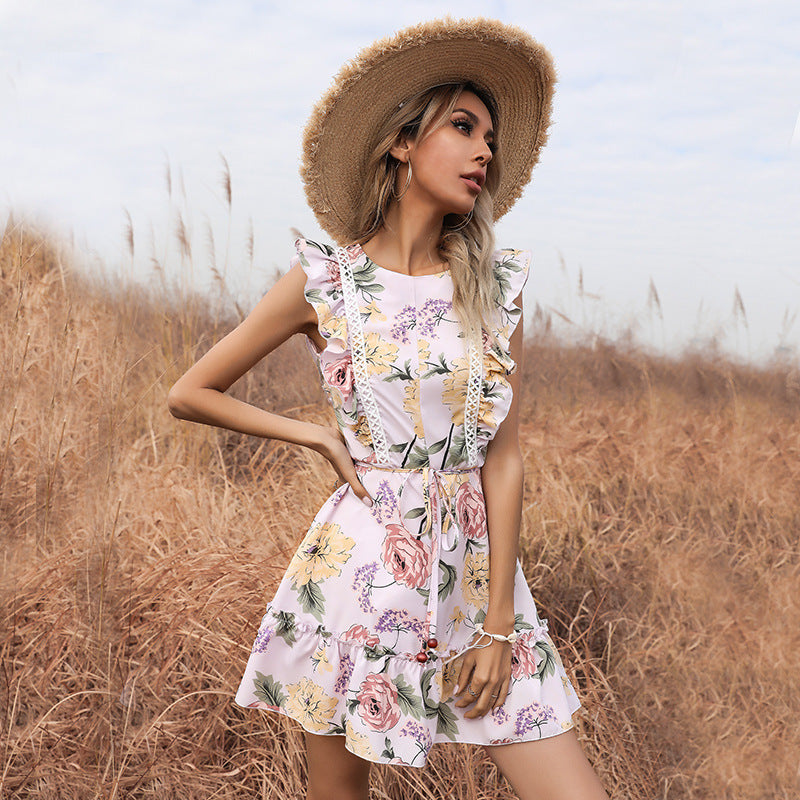 Summer New Style Printed Round Neck Lace Stitching Ruffled Flying Sleeve Dress