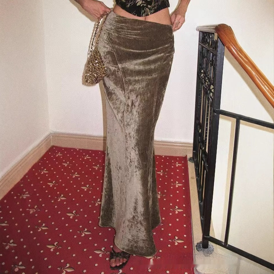 Long European And American Velvet Gloss Diamond Velvet Oblique Cut High Waist Drooping A- Line Temperament Sexy Skirt